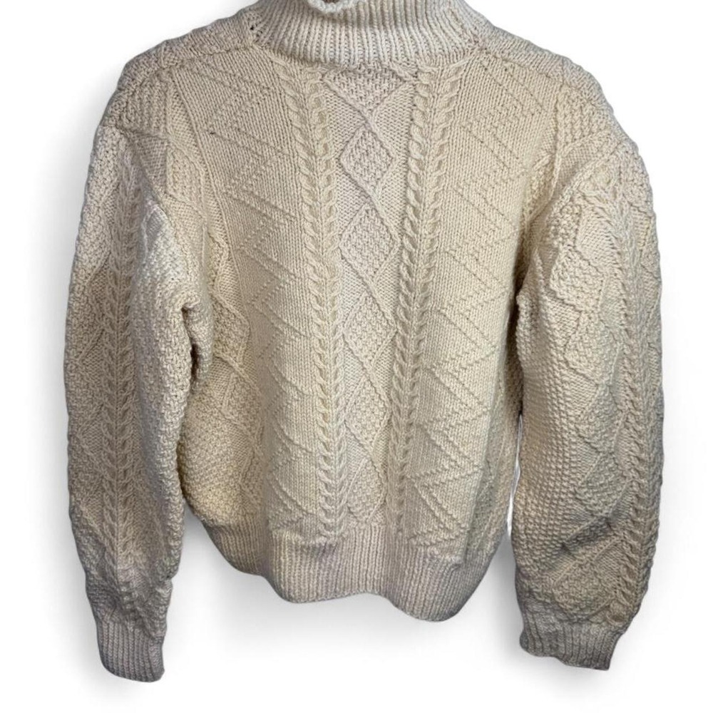 Vintage Wool Cable Knit Turtleneck Sweater Cream Aran Fisherman Cottagecore SM
